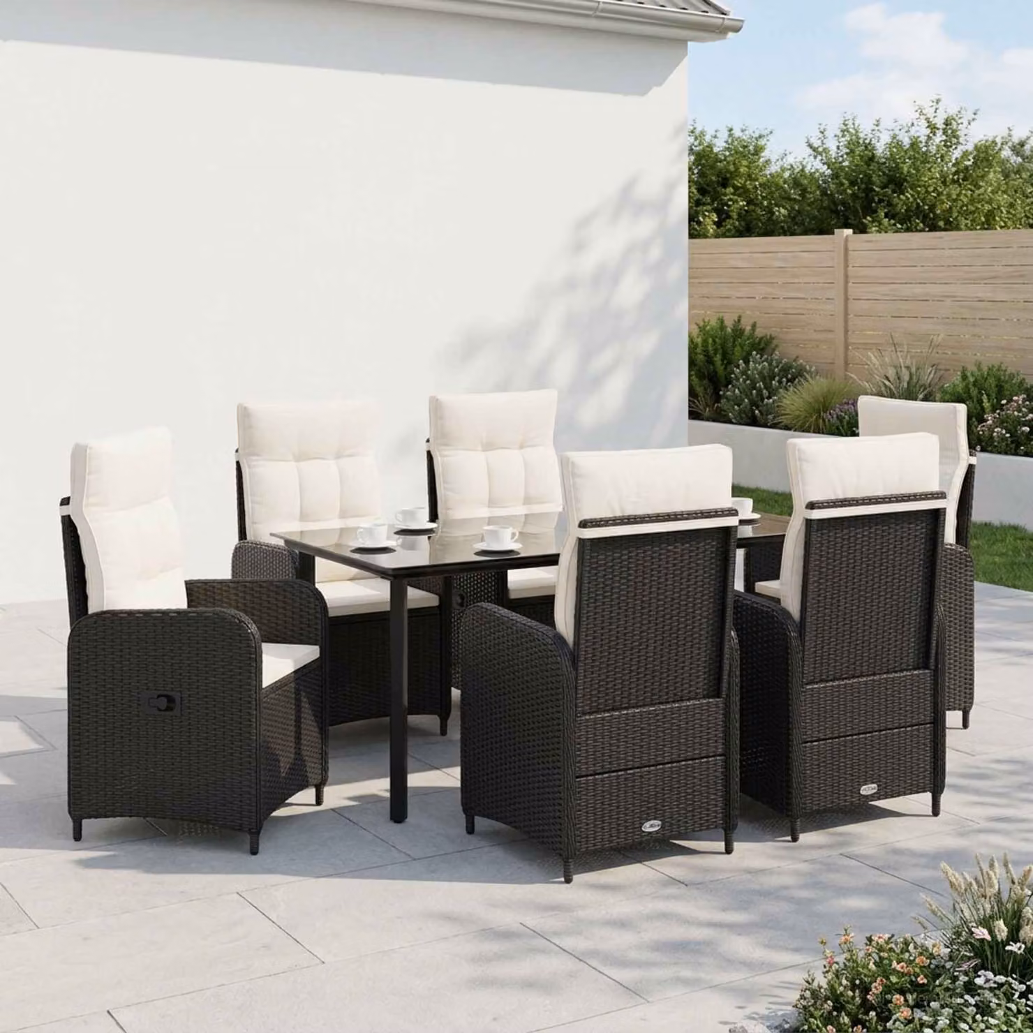 Set da pranzo per giardino e terrazzo vidaXL in 7 pezzi in polyrattan nero e bianco crema