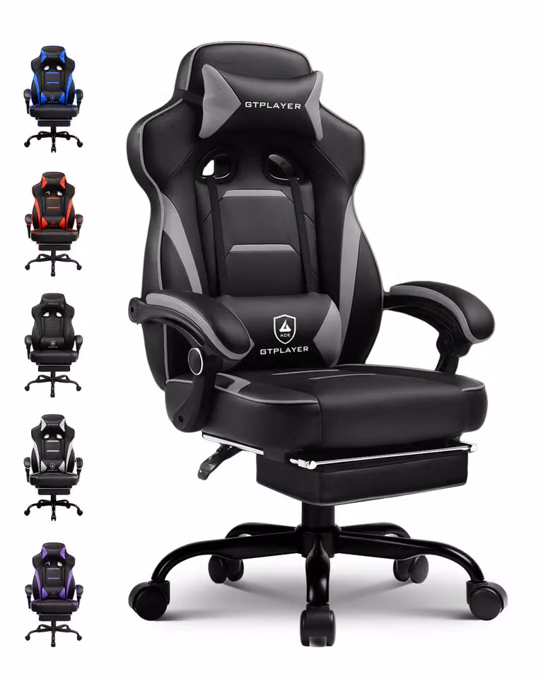 Sedia da gaming GTPLAYER con poggiapiedi, sedia da ufficio ergonomica con capacità di carico di 150 kg, poltrona da gaming con supporto lombare e poggiatesta, sedia da computer regolabile in altezza