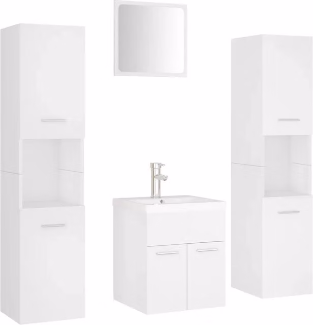Set Mobili da Bagno Moderno Bianco con Mobile Lavabo e Colonna, Design Sospeso in Legno e Plastica