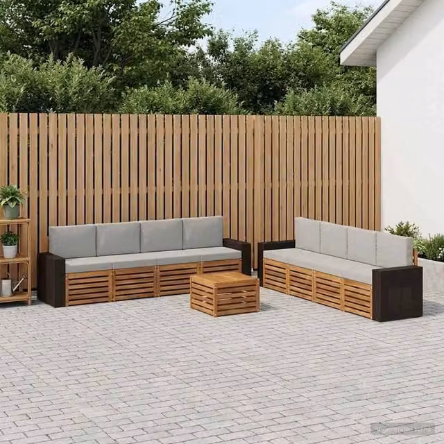 Set di divani da esterno a forma di U vidaXL in legno di acacia con tavolo da caffè e cuscini, Beige e Grigio – 1