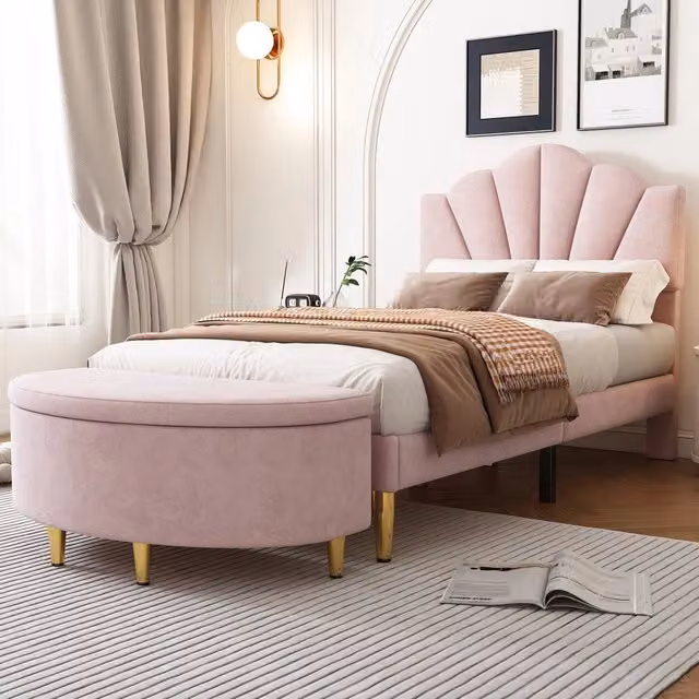 Letto Imbottito con Testiera Regolabile e Panca Contenitore ¨C MINIMAL ¨C Velluto Rosa 90x200