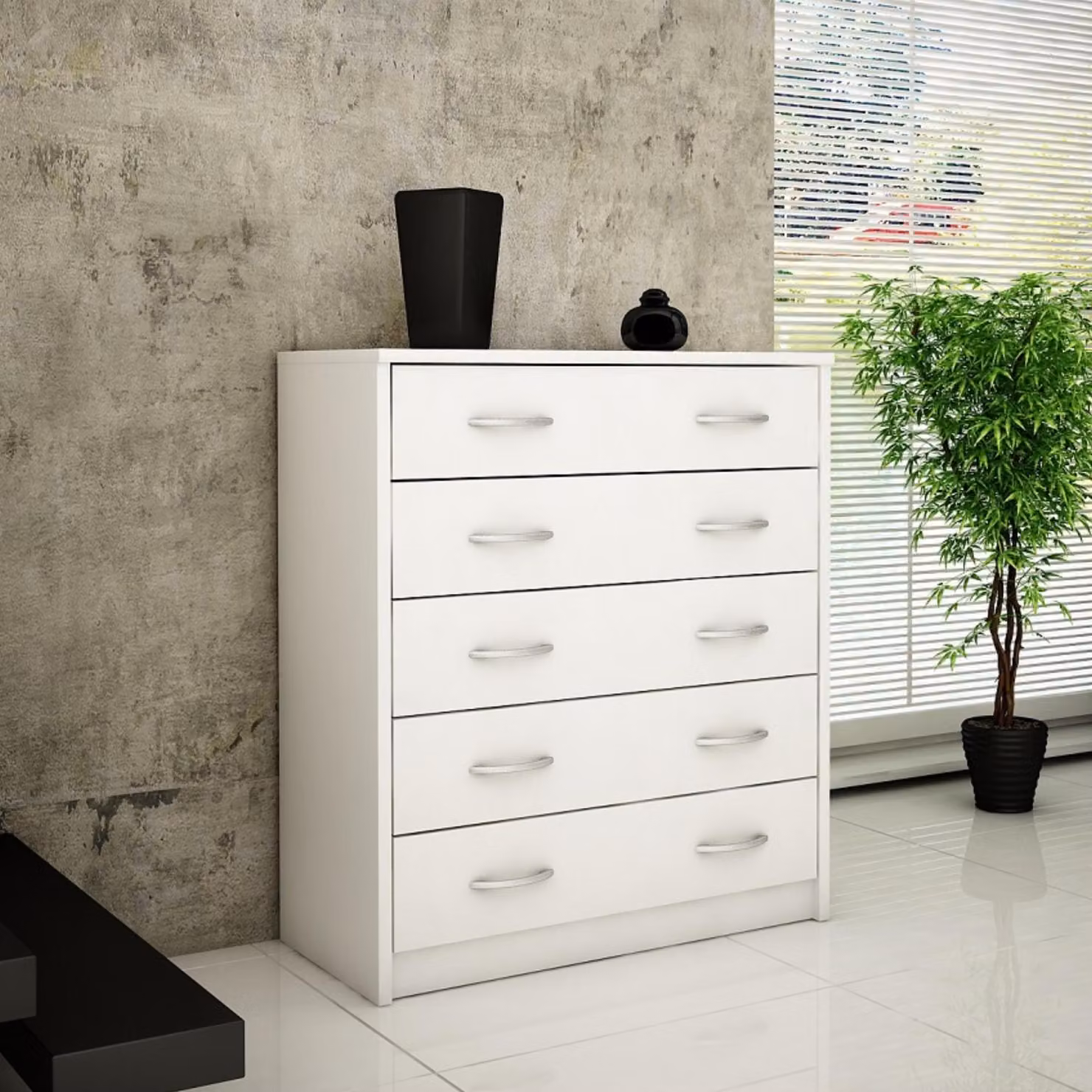 Comò a 5 cassetti con finitura opaca, comò largo 74 cm, mobile in legno, comò con cassetti, credenza, credenza alta, credenza bianca