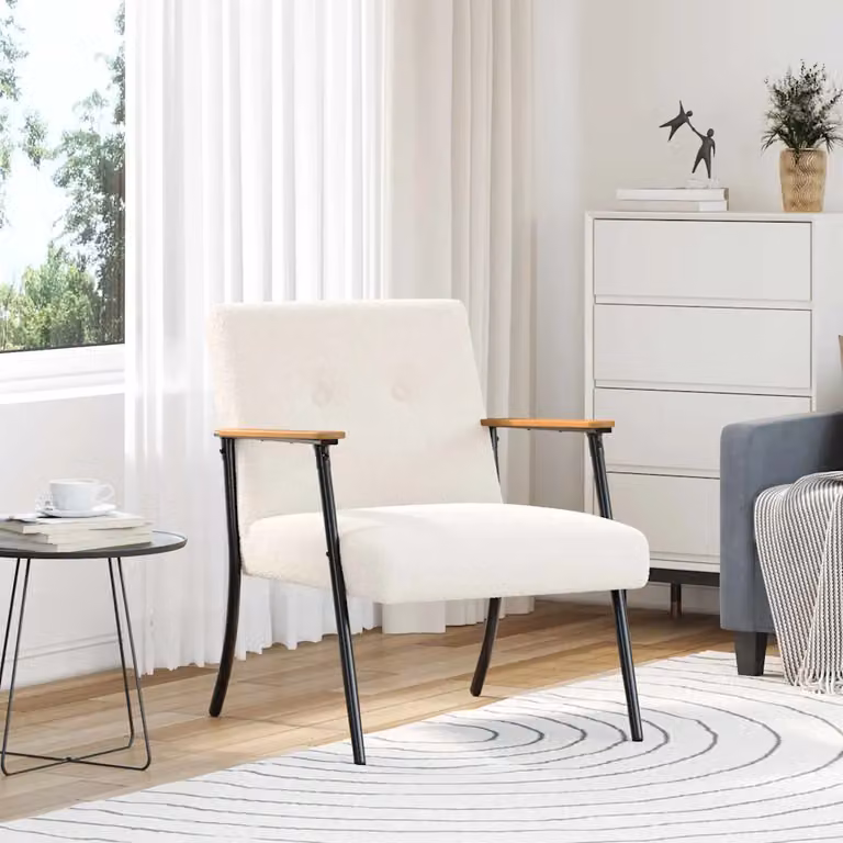 Poltrona moderna vidaXL in tessuto bouclé color beige e bianco con braccioli per soggiorno o camera da letto