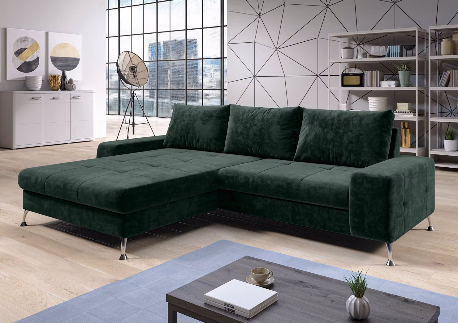 AX LIVING divano letto angolare con rete Artemia 275 cm in velluto verde L