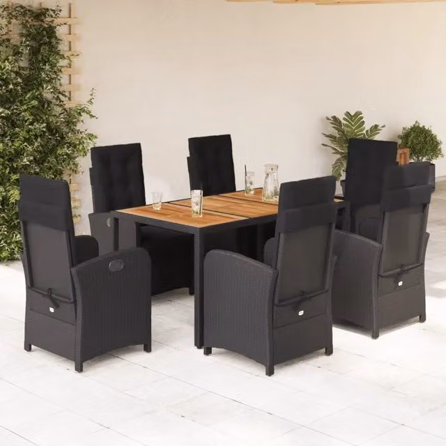 Set da pranzo da giardino vidaXL in polyrattan nero con tavolo in legno di acacia e 7 pezzi