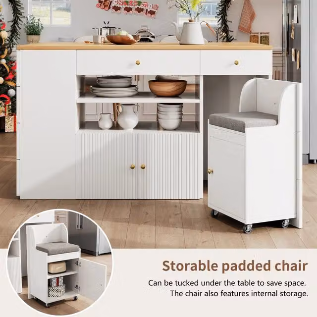 Isola per cucina con bar - Zephmum - Regolabile 140x40(70)x89cm, bianco/nero