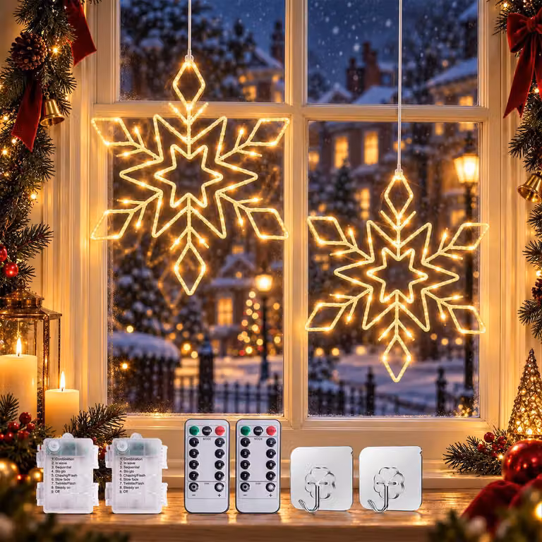 2 luci decorative a forma di fiocchi di neve per finestre, dimensioni 30 e 26 cm, luce bianca calda, tecnologia LED
