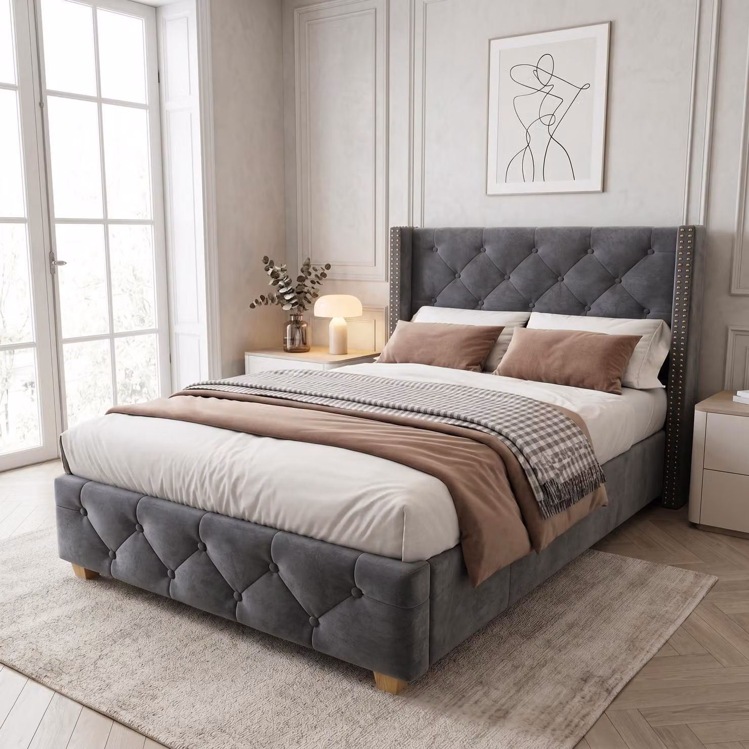 Letto imbottito 90x200 cm con rete a listelli, rivestito in velluto, imbottitura a bottoni e dettagli in borchie sulla testiera, gambe in legno rinforzate, colore grigio