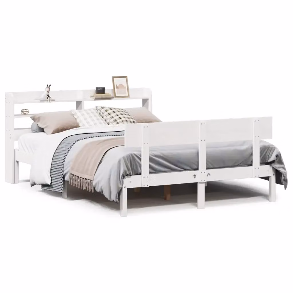 vidaXL Letto in Legno di Pino Massello Bianco con Ripiani Laterali e Doghe Fisse 160x200 cm – 2