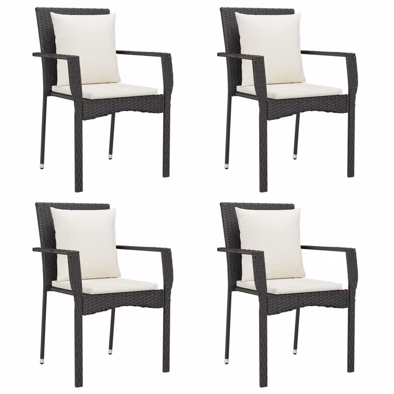 Sedie da Giardino con Cuscini 4 pz in Polyrattan Nere