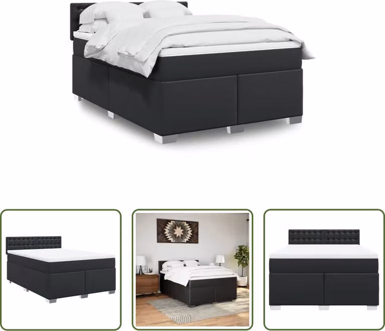 The Living Store Letto a molle con materasso nero 140x190 cm in Pelle finta