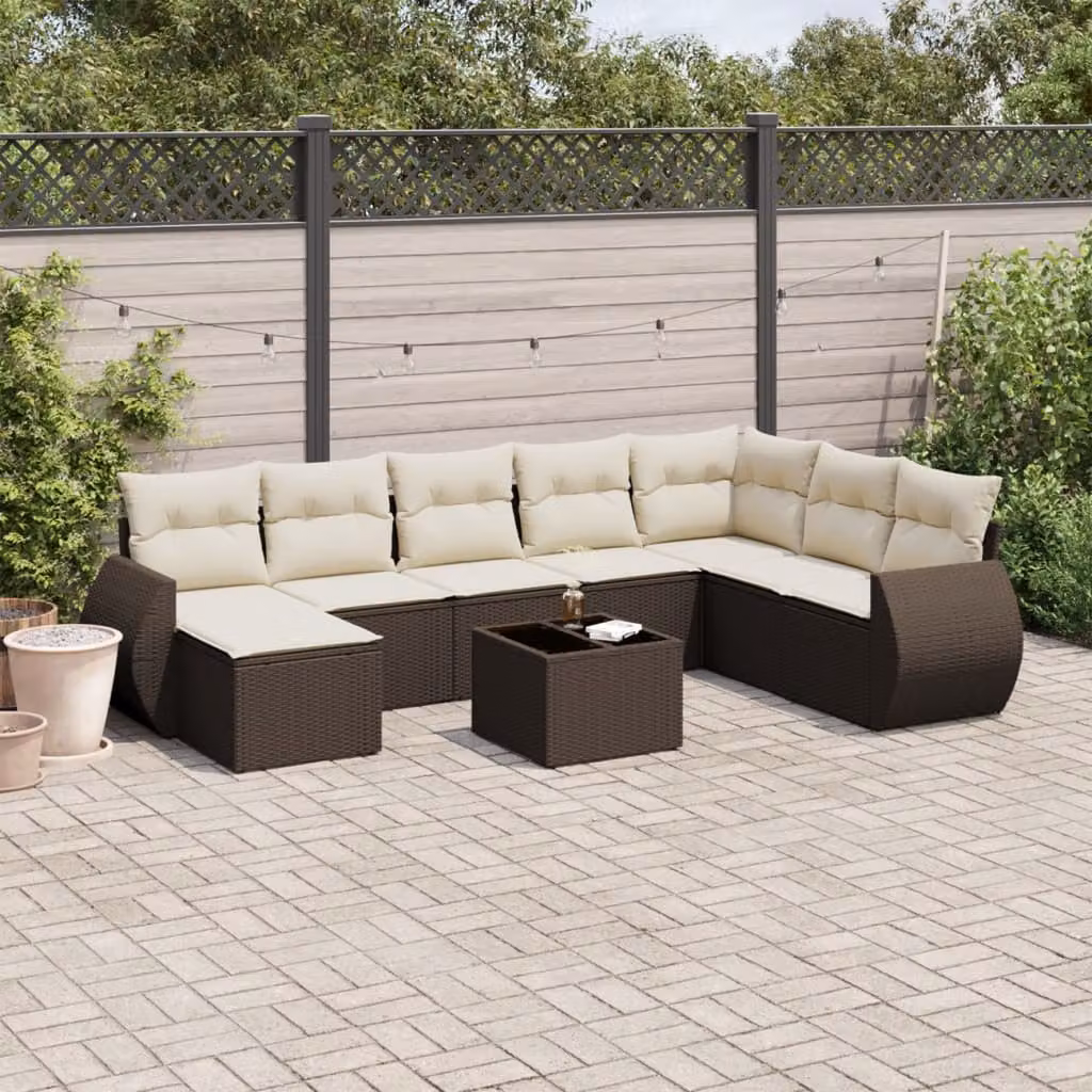 vidaXL Set Divani da Giardino a L 9pz in Polyrattan Marrone con Cuscini Bianchi e Tavolino – 1