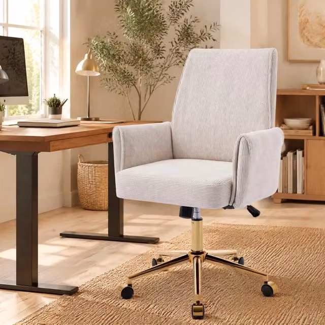 Sedia da ufficio girevole MIVRAY in velluto a coste bianco con base in metallo dorata lucida – 1