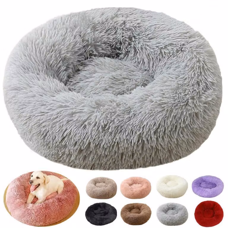 Cuccia per cani a forma di ciambella, in peluche, rotonda, di colore grigio chiaro, diametro 40 cm