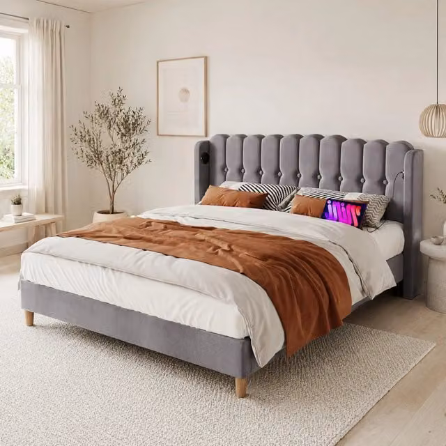 Letto imbottito Mivray in tessuto grigio con testiera e porte di ricarica USB e Type-C L/P: 180 x 200 cm
