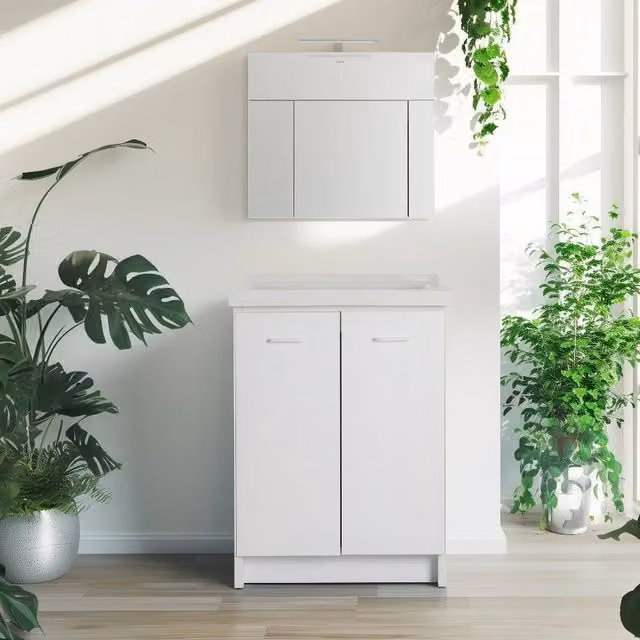 Mobile lavatoio 50x64 cm bianco con vasca in ceramica e asse in legno | Edilla