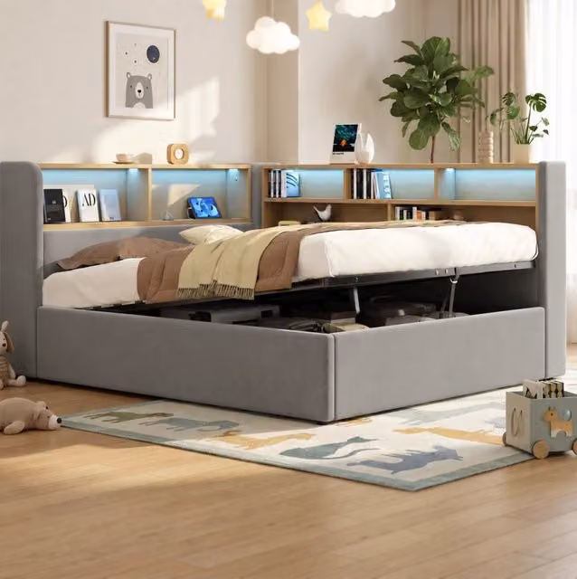 Letto contenitore imbottito in velluto grigio con LED; USB e Type-C
