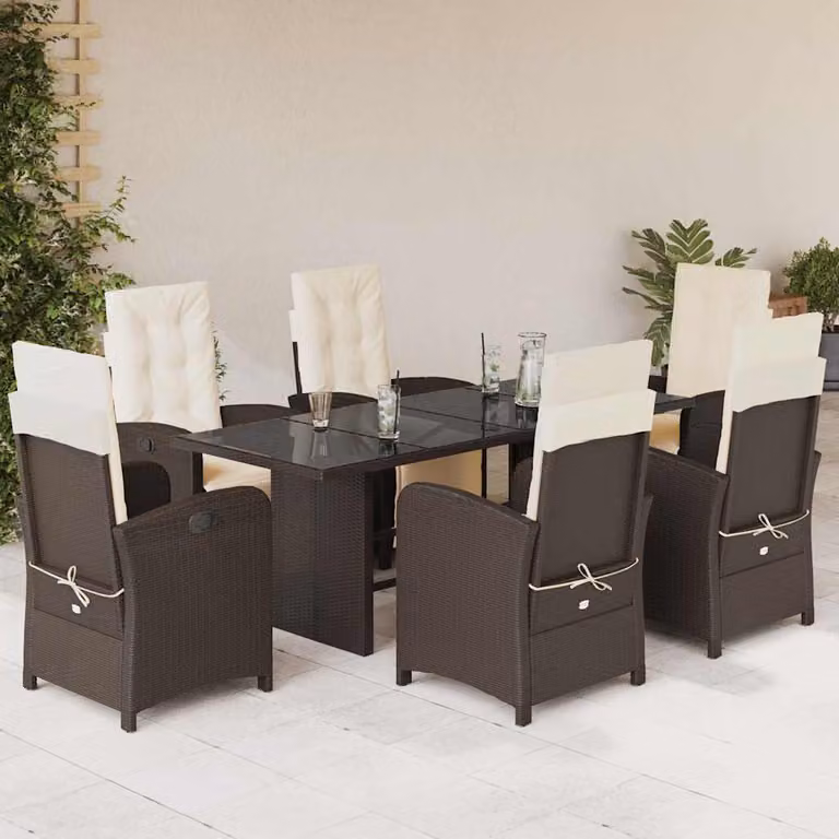 Set da Pranzo da Giardino 7pz vidaXL in Polyrattan Marrone con Piano in Vetro