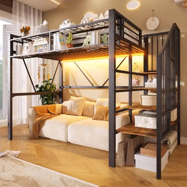 Letto a soppalco con LED ¨C Minimal ¨C 90x200 cm, metallo, nero, senza materasso
