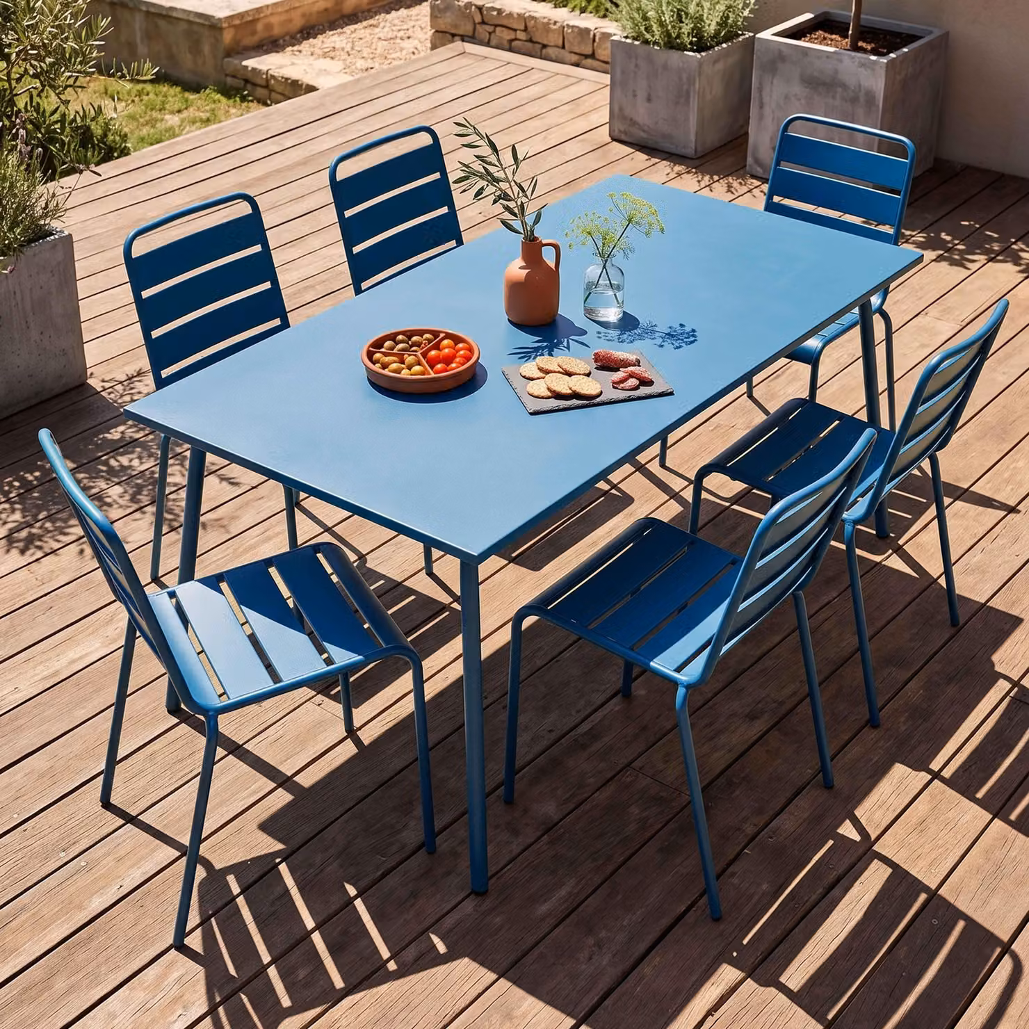 Tavolo da giardino e 6 sedie in metallo blu pacifico - Oviala Palavas
