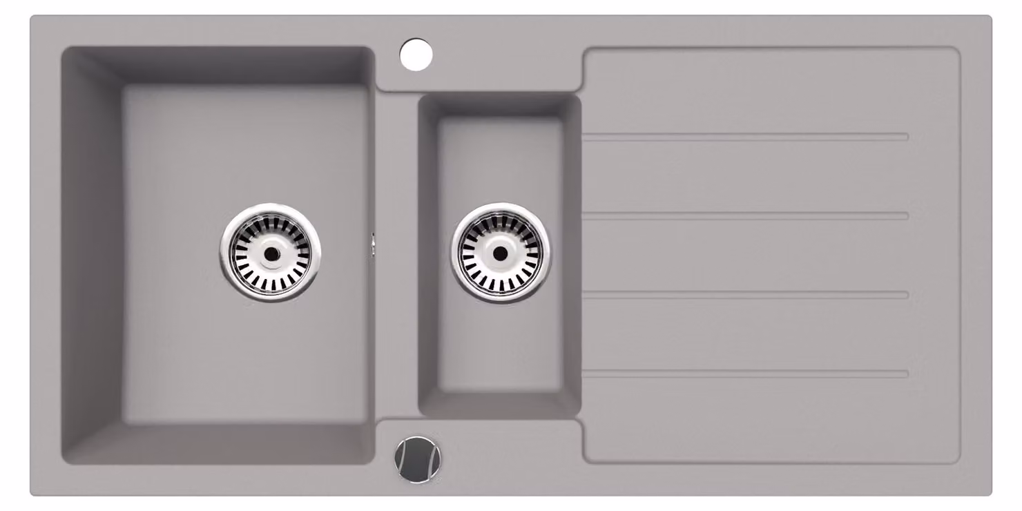 [Lavello in granito 100x50 + cestello di lavaggio] Lavello da incasso angolare in granito di alta qualità, adatto a mobili base a partire da 45 cm, set sifone incluso, colore: grigio