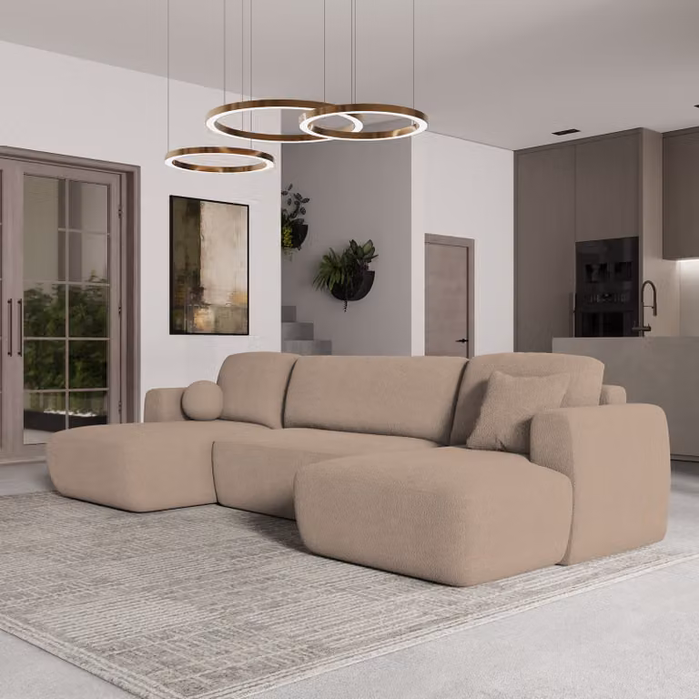 Divano angolare SENTUM N di Masseno con funzione letto a U, divano con box letto, divano da soggiorno, divano, divano letto, set di divani - beige, ORA O MAI PIÙ 05