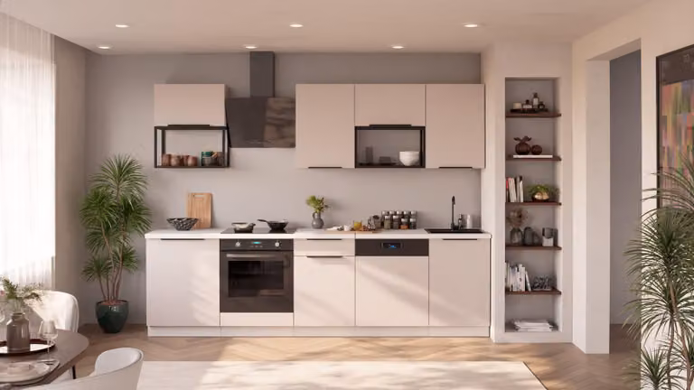 Cucina COMO BASIC LOFT 280 cm, linea cucina, blocco cucina, cucina componibile, color cashmere beige opaco + bianco opaco