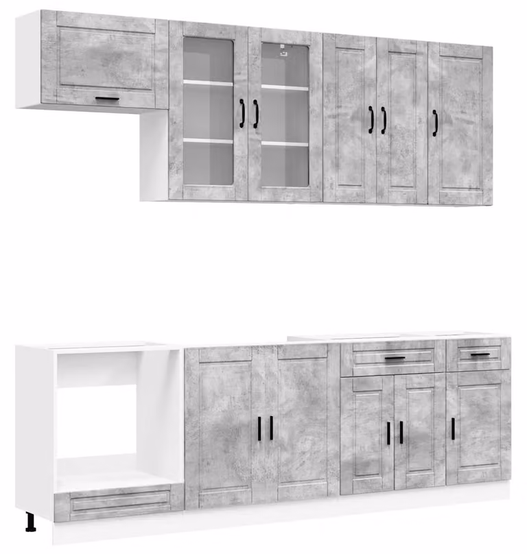 Set cucina PORTO, 8 pezzi, grigio cemento, legno ingegnerizzato