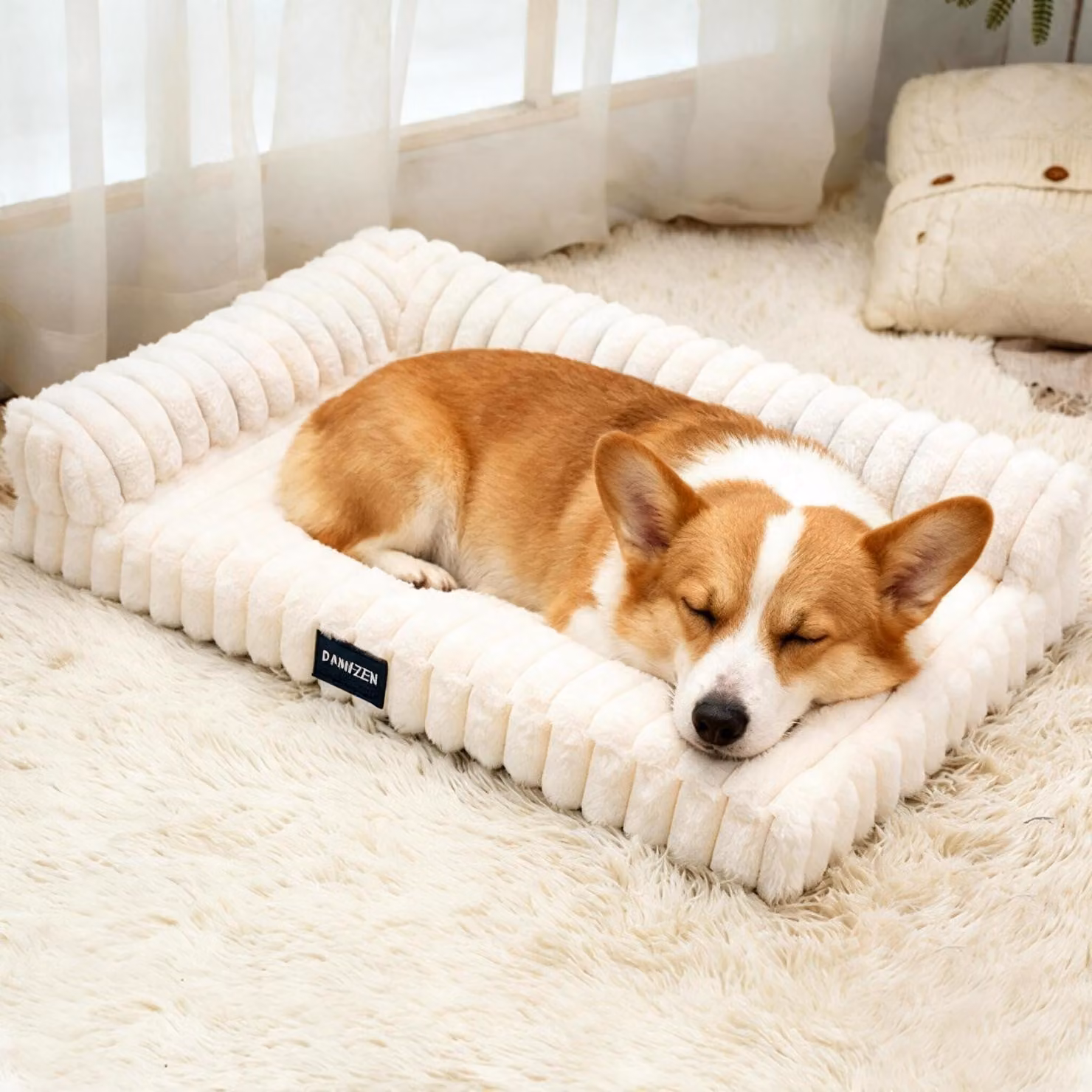 Cuccia ortopedica per cani con supporto per il collo, rivestimento lavabile, base antiscivolo, colore avorio, dimensioni 90x70x16 cm