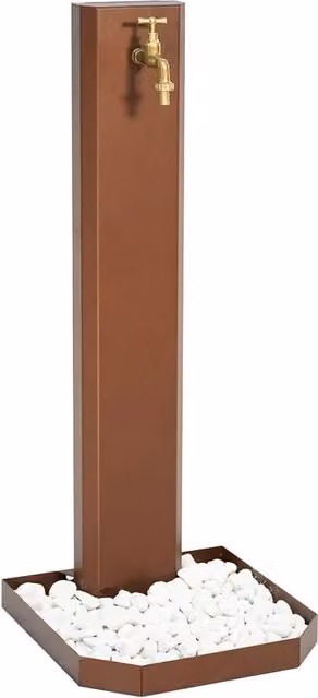 Fontana da Giardino Design a Colonna Ovale Rubinetto in Ottone e Base con Ciottoli Corten