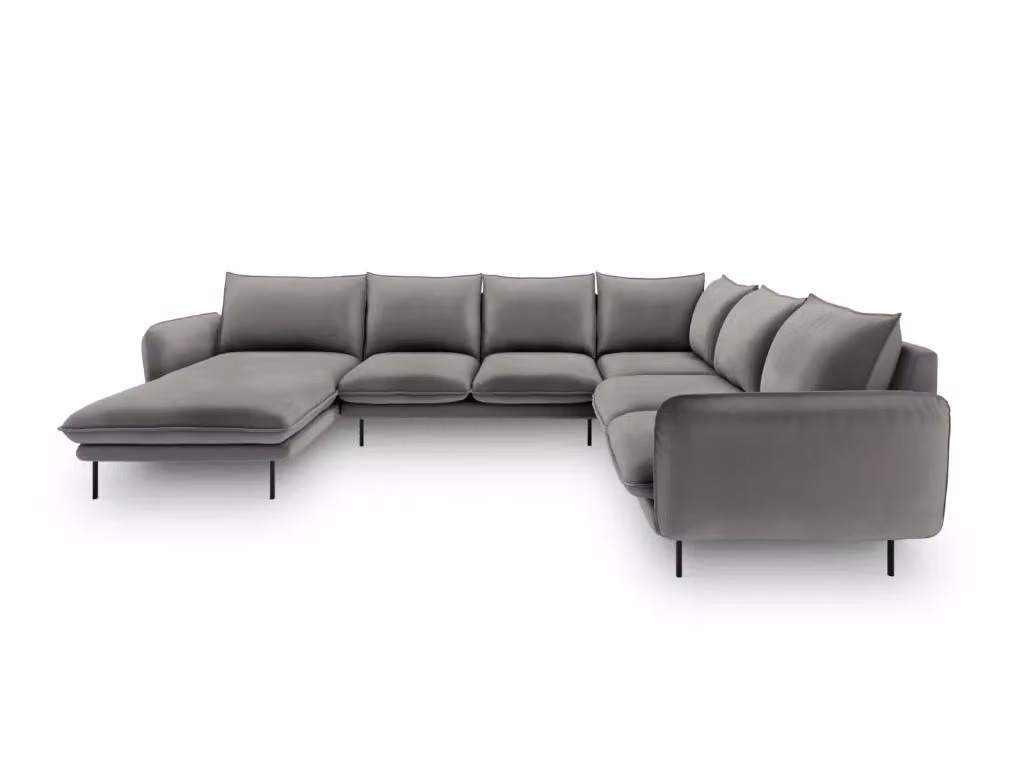Divano panoramico destro Vienna di Cosmopolitan Design in velluto grigio chiaro, 7 posti, L: 330 cm x P: 158 cm x H: 95 cm – 2