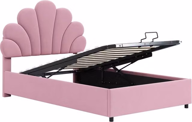 Letto imbottito per bambini 90 x 200 cm con testiera floreale, contenitore idraulico e rete a doghe, rivestito in velluto rosa