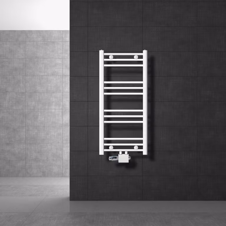 LuxeBath radiatore bagno attacco centrale 400 x 800 mm bianco diritto con set di collegamento incl. termostato Angolo universale e diritto passante, senza elemento riscaldante