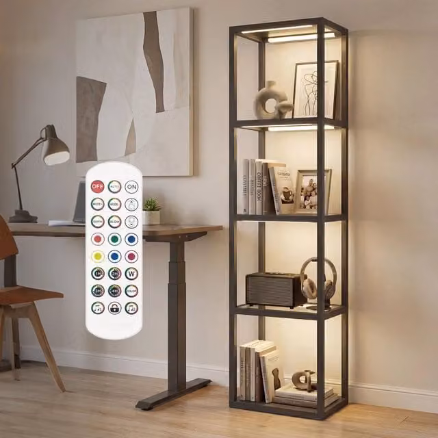 Lampada da terra LED Minimal con 4 scaffali in vetro e telecomando, colore nero – 1