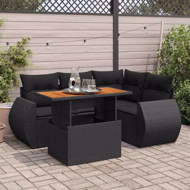 Set di divani da giardino vidaXL in 5 pezzi con polyrattan e cuscini neri con tavolino da esterno e struttura in metallo