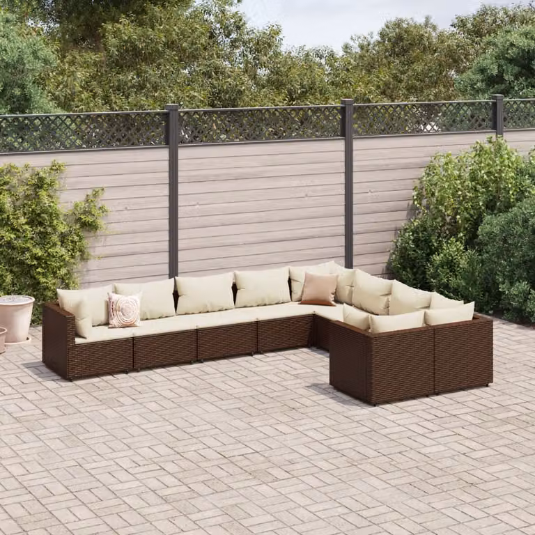 Set di divani da giardino vidaXL a forma di L con 9 pezzi e cuscini, colore marrone e bianco, in rattan con struttura in metallo resistente ai raggi UV