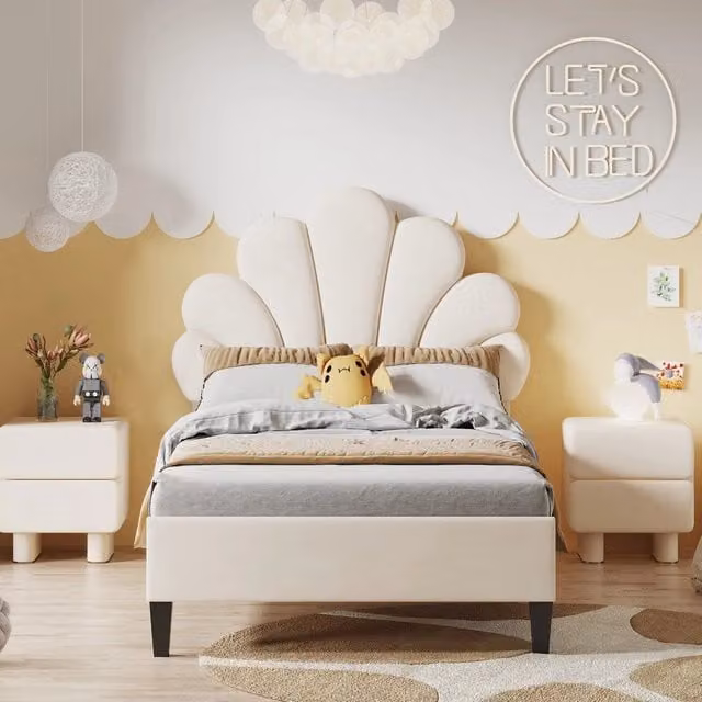 Letto imbottito per bambini Minimal in velluto beige con testiera a forma di fiore e rete a doghe L/P/H: 206 x 90 x 110,5 cm