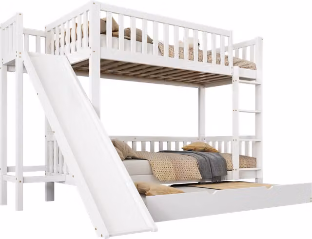 Letto a castello per bambini REDOM con letto estraibile, scivolo e cassetti, Bianco, H: 250 cm, L: 90 cm, P: 200 cm