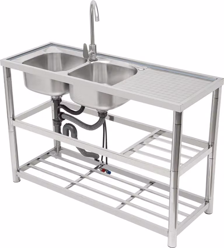 Lavello da cucina professionale - Doppia vasca indipendente con telaio - Rubinetto caldo/freddo incluso - 2 fori - Acciaio inossidabile - Argento