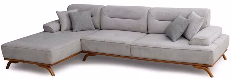 Divano ad L grigio, moderno, di design, elegante, confortevole, in tessuto