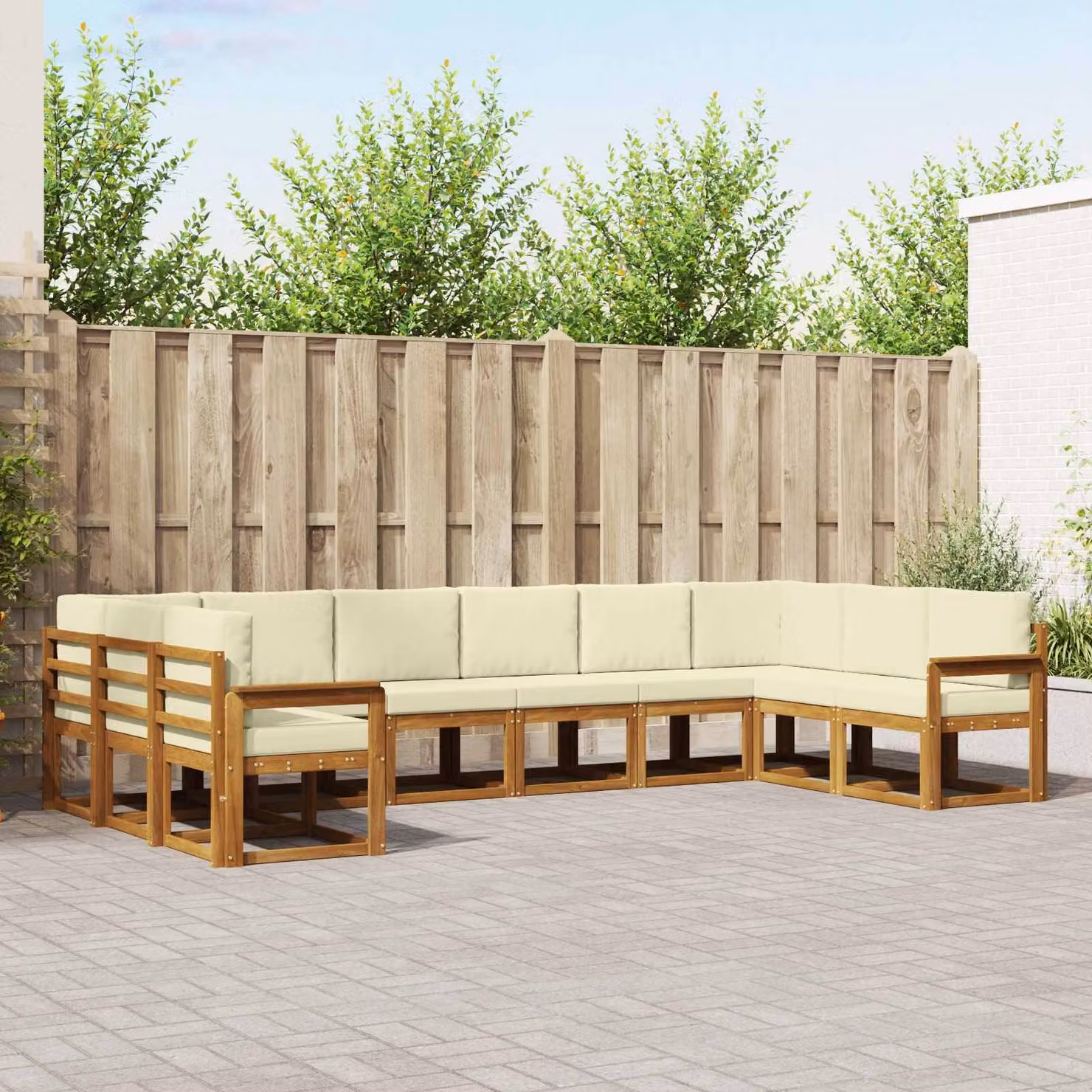 Set di divani da esterno vidaXL a forma di L in legno di acacia con cuscini, beige e marrone