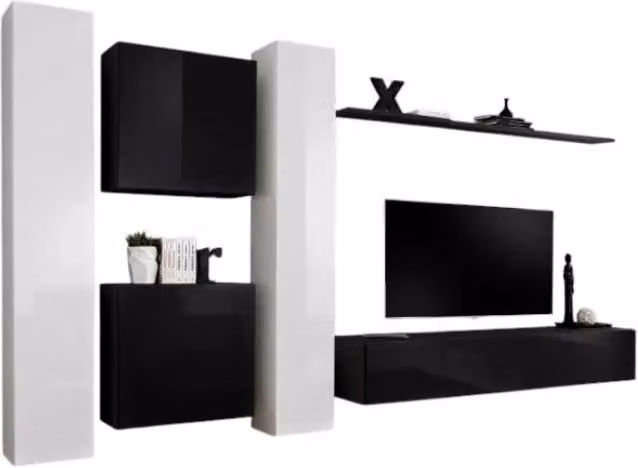 Composizione murale Meublorama SWITCH VI con mobile TV e colonne sospese, design moderno nero e bianco lucido, L: 330 cm x H: 180 cm x P: 40 cm