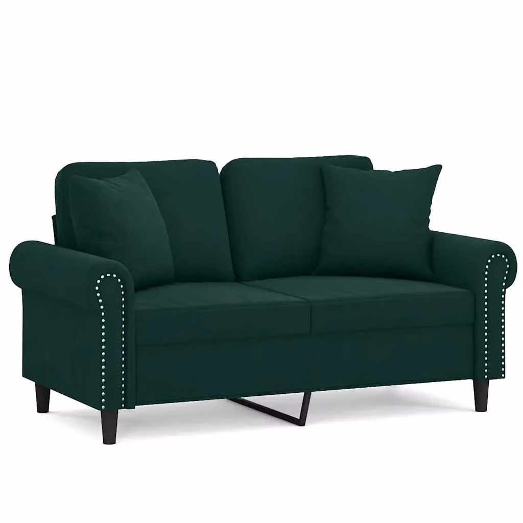 Divano a 2 posti moderno vidaXL in velluto verde con cuscini e struttura in metallo L: 152 cm, P: 80 cm, H: 77 cm – 2