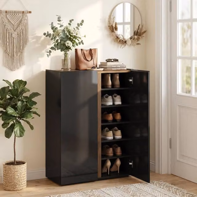 Scarpiera moderna WISHDOR nera lucida con ante soft-close e design senza maniglie