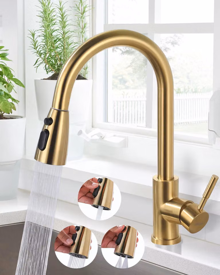 Rubinetto da cucina in acciaio inossidabile 304, girevole a 360°, finitura dorata, con 3 tipi di getto