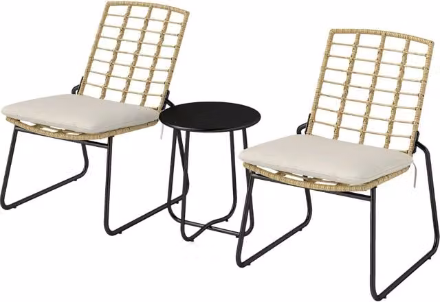 Set da giardino con 2 sedie impilabili, tavolino e cuscini per balcone e terrazza, in rattan beige
