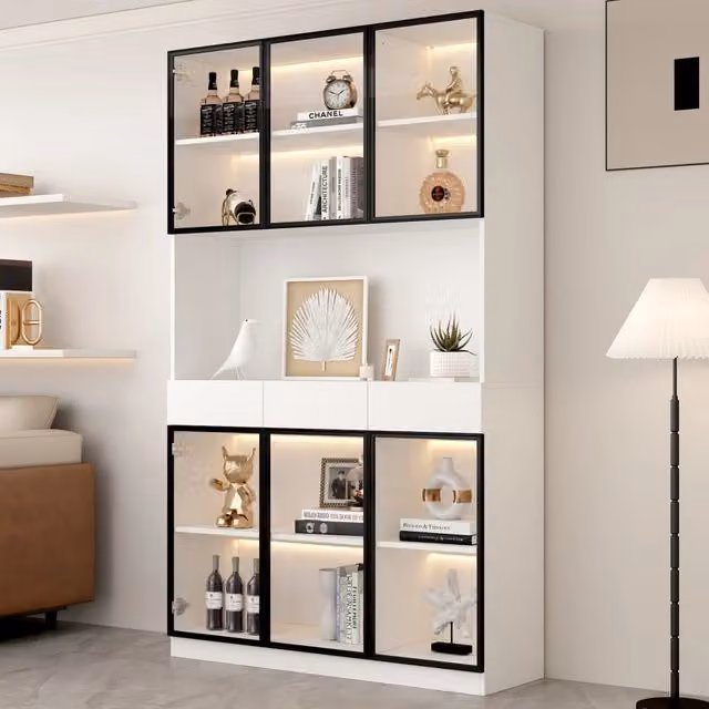 Vetrina in vetro alta 200 cm, bianca con telaio nero, luci LED, multiuso per libri e collezioni, soggiorno camera ufficio