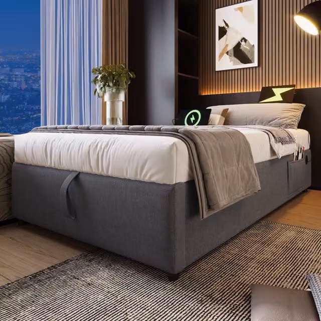 Letto singolo 90 × 190 cm con vano contenitore USB e type-c in cotone e lino grigio senza testiera