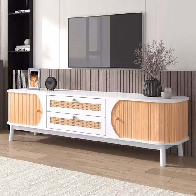 Mobile TV in Legno con Ante, Cassetti e Lati in Rattan ¨C MINIMAL ¨C Rovere Naturale
