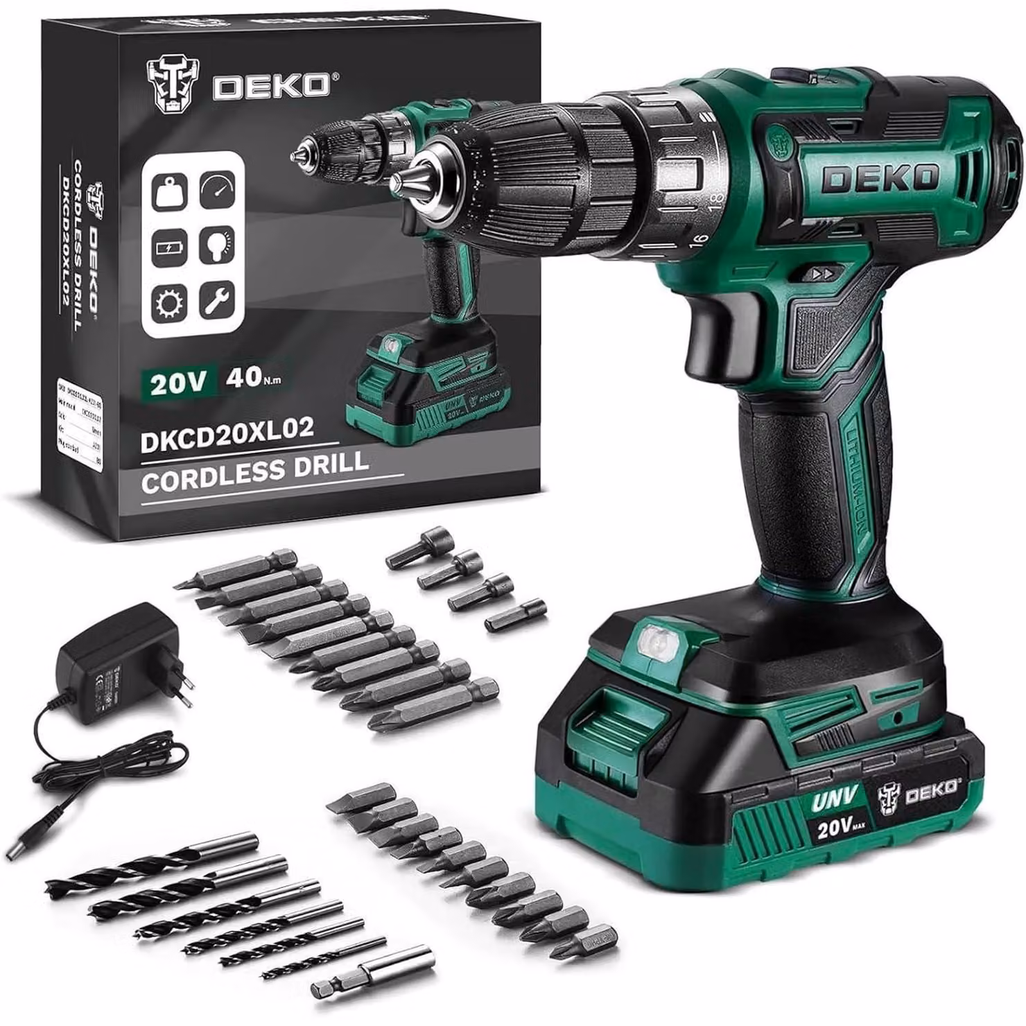 Set di avvitatori a batteria da 20V, 30 pezzi, con 18+1 livelli di coppia, 40Nm di coppia massima, trapano a 2 velocità e luce LED